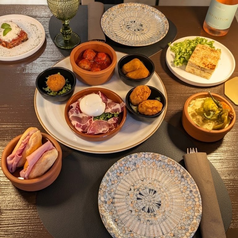 Quando la cucina prepara gli antipasti: polpette al sugo in cocotte di terracotta, crocch&egrave; di patate, capocollo con la burrata, panini col cotto, un rustico e una cocotte di fave e peperoni
